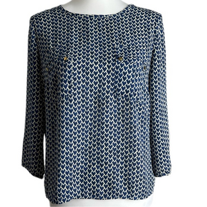 Dalia Collection Blue & Off White Pattern 3/4 Sleeves Scoop Neck Blouse